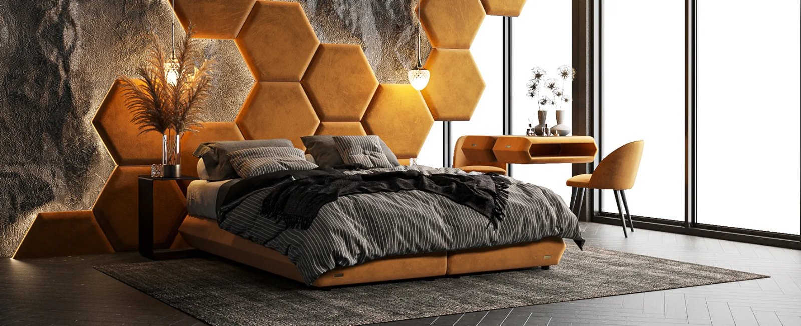Honey magamistoakomplekt voodi, pingi, tumbade, tooli, lauakeste ja seinapaneelidega.