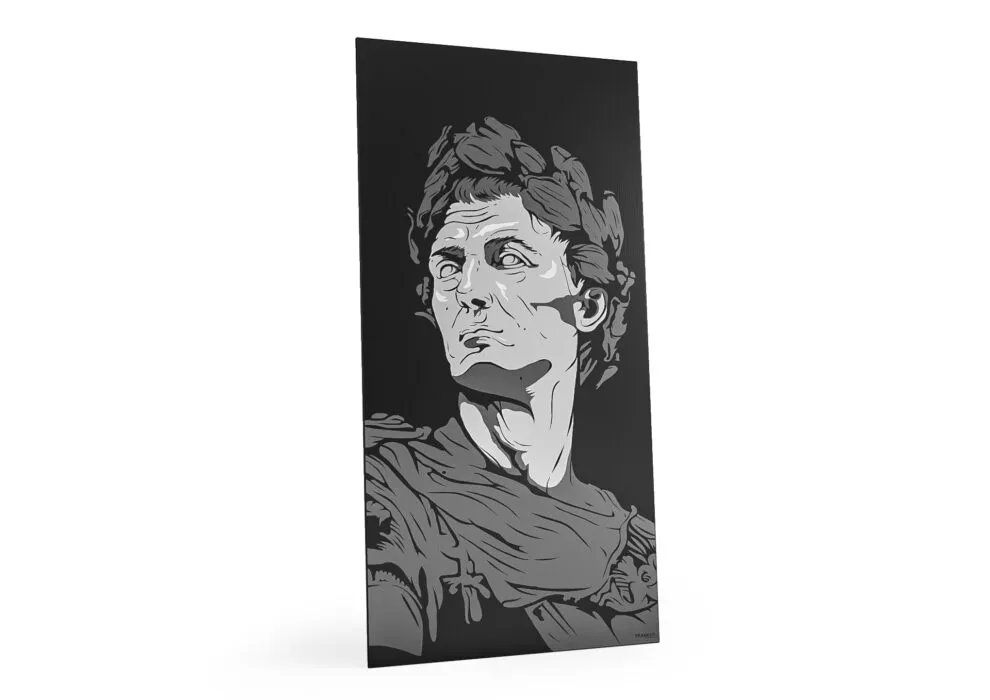 Kõrge must seinapaneel halli Julius Caesari portree ja loorberipärjaga.