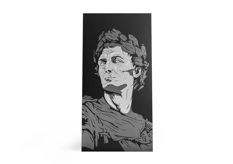 Must kolmeosaline seinapaneel halli Julius Caesari portree ja loorberipärjaga kaasaegses interjööris.