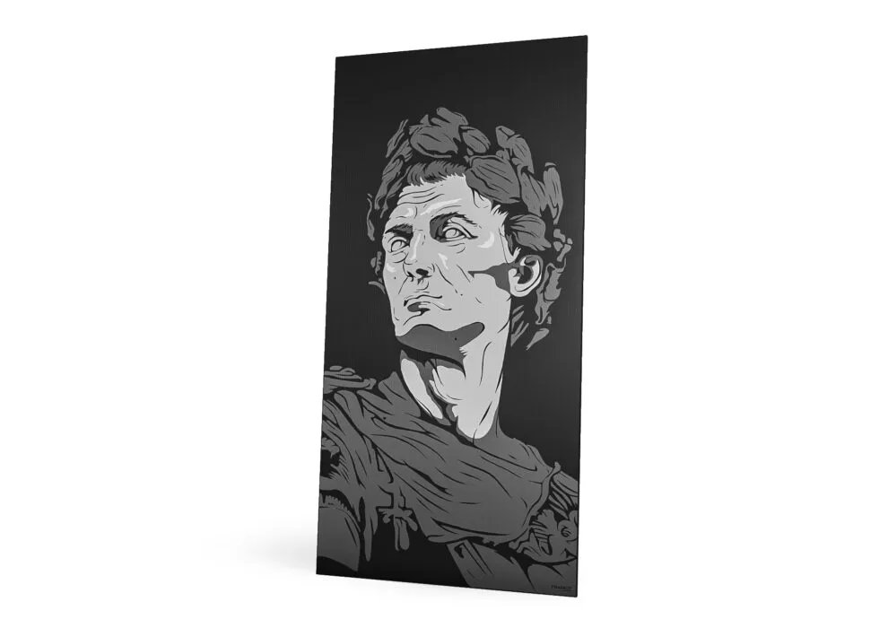 Julius Caesari portreega seinapaneel tumedas interjööris madala halli kangaga mööbli juures.