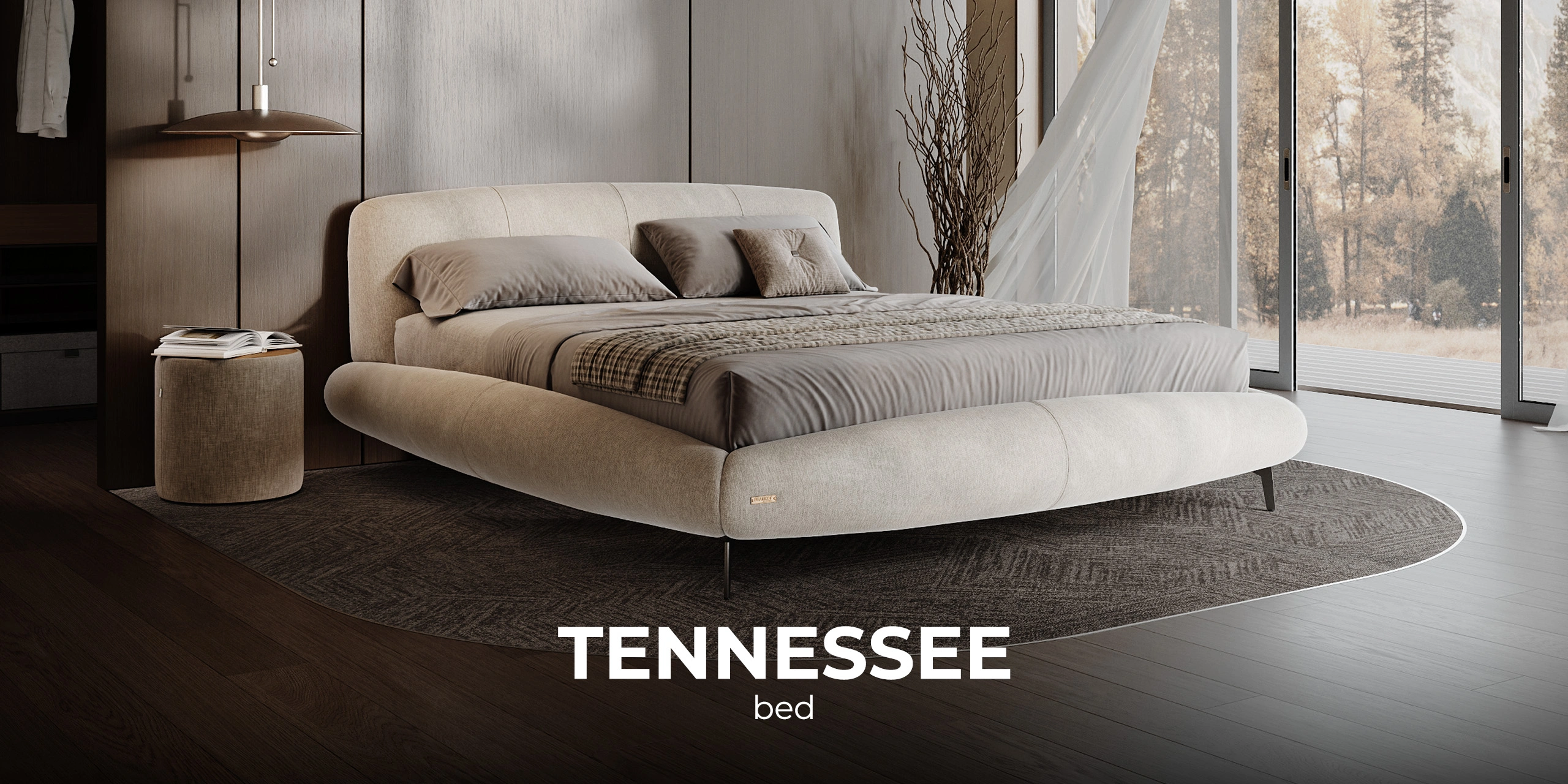 Tennessee magamistoa voodi skeem pehme peatsi ja laia tekstiilraamiga.